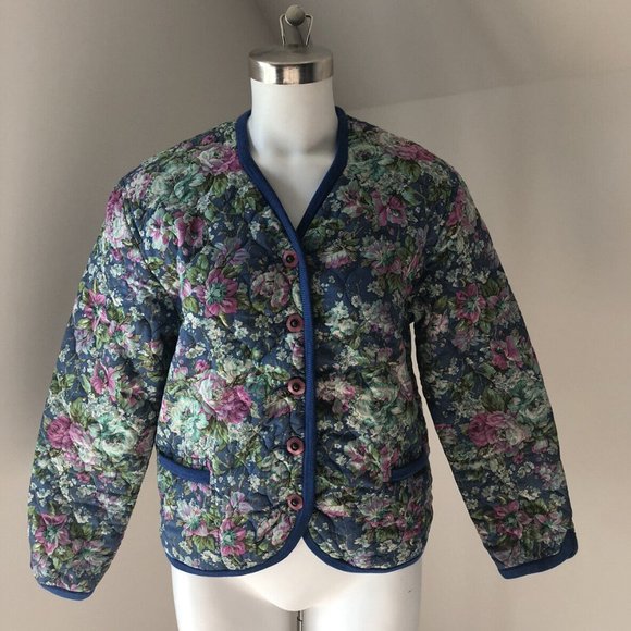 Vintage GEIGER AUSTRIA QUILTED JACKET BLUE FLORAL 36 S SM Small - Picture 1 of 9